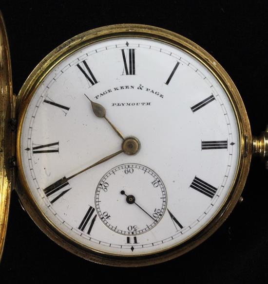 A late Victorian 18ct gold keyless lever hunter pocket watch by Page, Keen & Page, Plymouth,